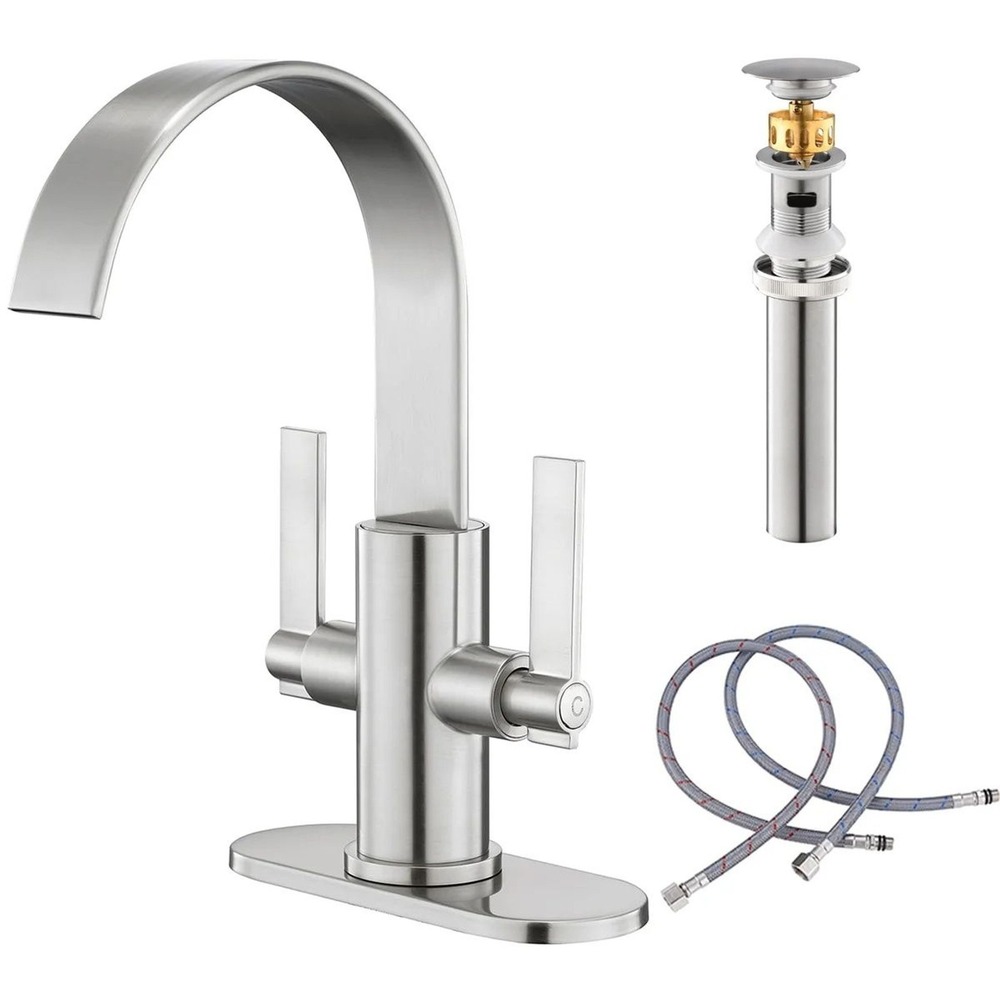 Waterfall Bathroom Faucet 2-Handle Brushed Nickel 360 Swivel w/ Drain